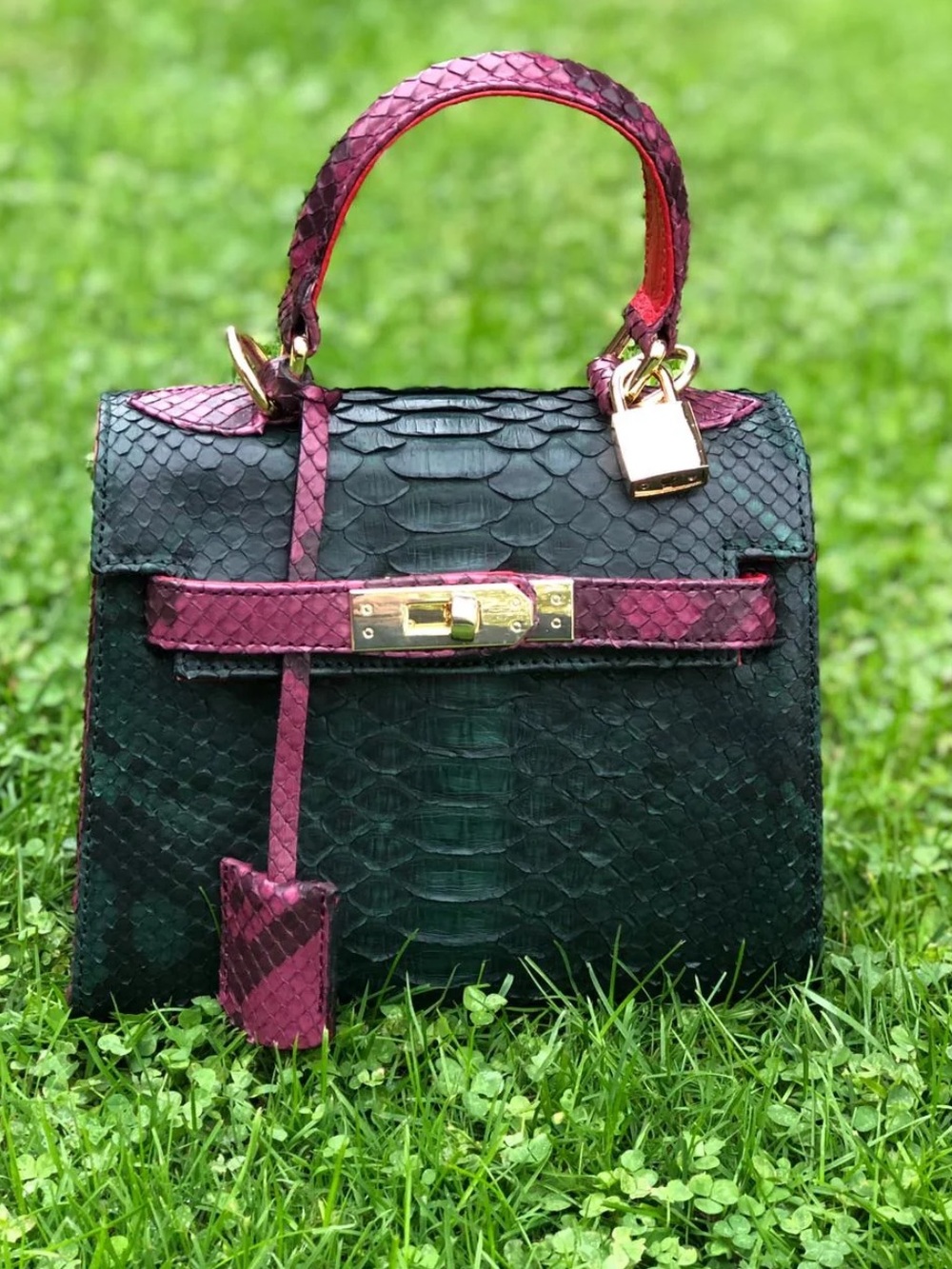 IMPERIO CLANDESTINO Luna Mini Green & Burgundy Python Leather Purse $900 Retail
